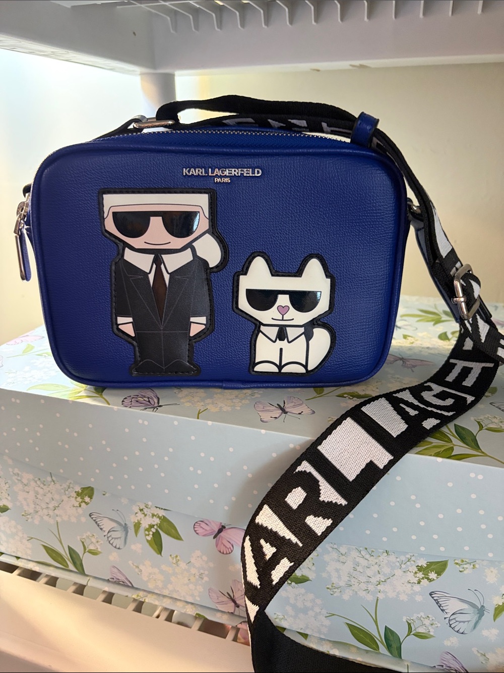 Karl Lagerfeld Royal Blue Leather Crossbody with Cartoon Karl & Cat